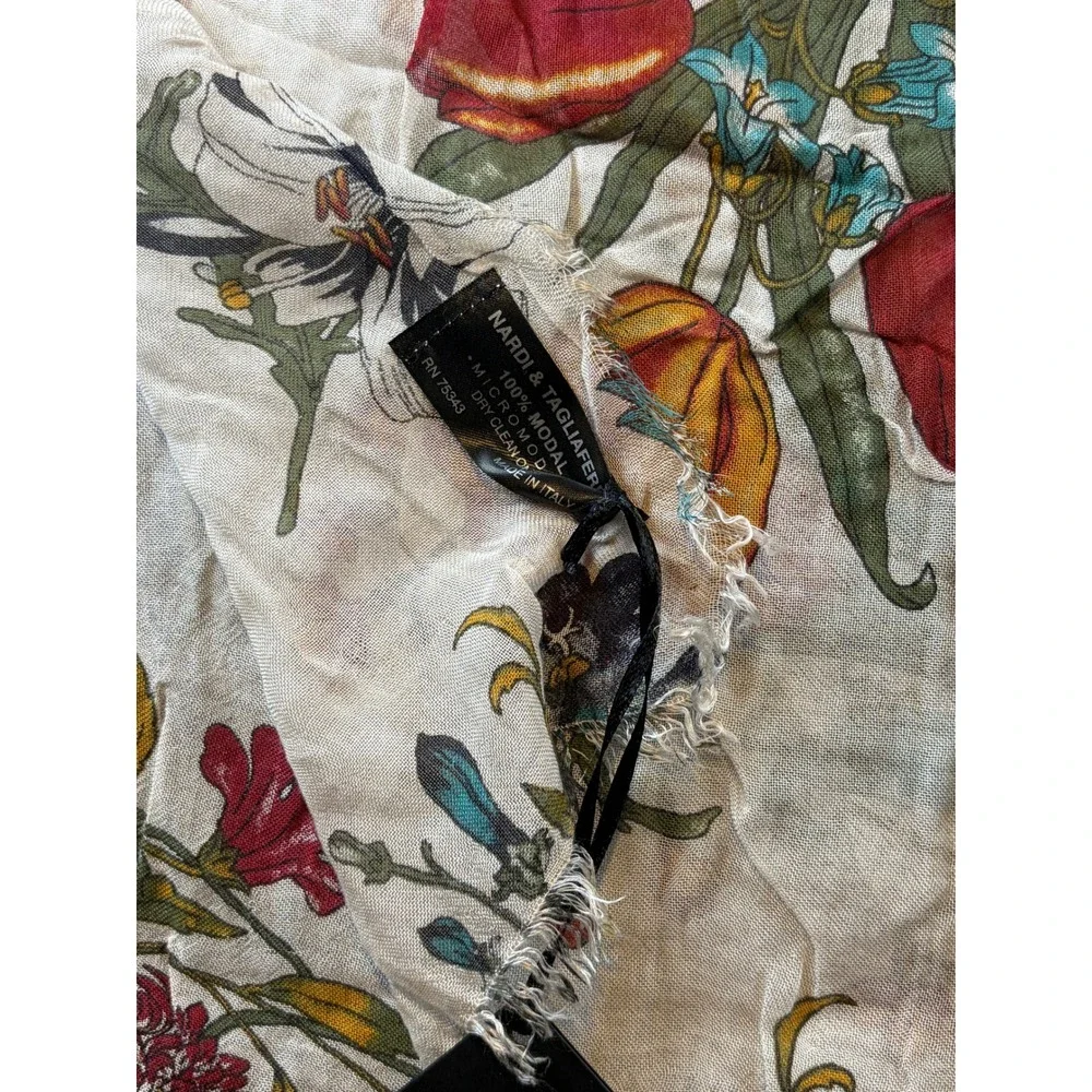 Nardi & Tagliaferri Italy Floral Scarf 100% Micromodal Cream Red Blue Fringe